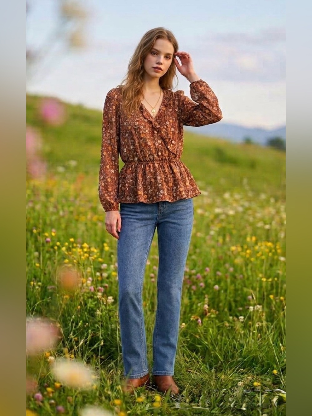 NWT mittoshop Floral Ruffle Wrap Peplum Blouse